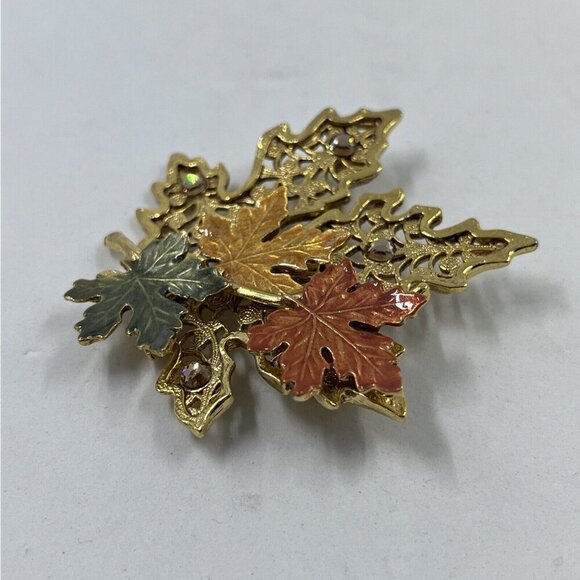 KC‎ Vintage Leaf Pin Brooch Autumn Fall Multi-Color Enamel Gold Tone Signed - Picture 10 of 13